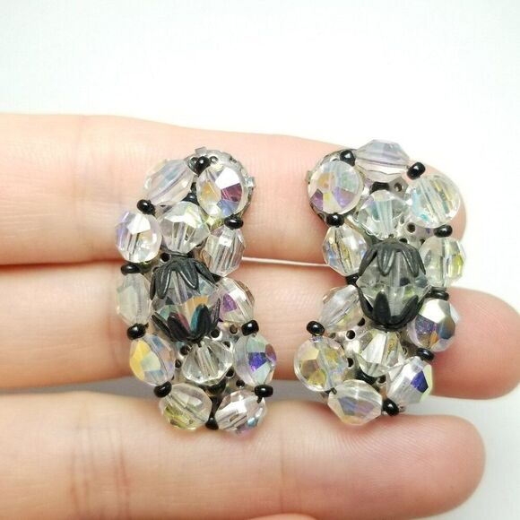 Vintage AB Glass Bead Cluster Clip On Earrings, Black Accents, Kidney Shape - Picture 6 of 6
